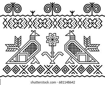 Unique decoration of log houses based on patterns used in traditional embroidery in village of Cicmany, UNESCO World Heritage Site, Slovakia, Vector on white background