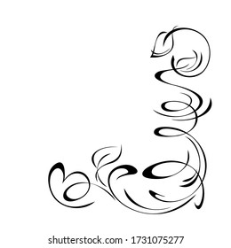 unique decorative element with curls and leaves in black lines on white background
