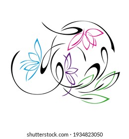 unique decorative element with stylized flowers, leaves and swirls in colored lines on a white background