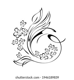 unique decorative element with stylized flowers, leaves and swirls in black lines on a white background