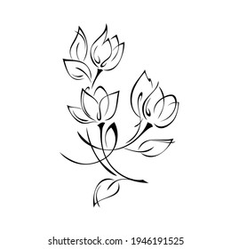 einzigartiges dekoratives Element mit stylischen Blumen, Blättern und wirbelnden Krähen in schwarzen Linien auf weißem Hintergrund