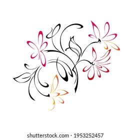 unique decorative element with stylized flowers, leaves and swirls in colored lines on a white background