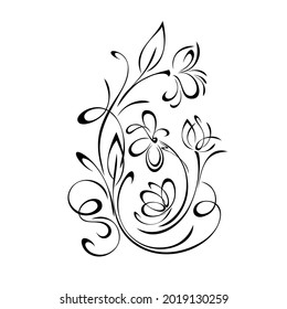 elemento decorativo único con flores estilizadas, hojas y giros en líneas negras sobre fondo blanco