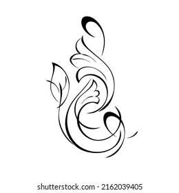 unique decorative element with stylized flowers, leaf and curls in black lines on a white background