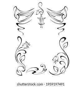 unique decorative frame with stylized bell flowers on stems with leaves, vignettes and street lamp in black lines on white background