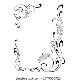 unique decorative frame with stylized flowers on stems with leaflets and curls in black lines on a white background