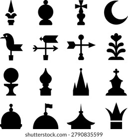 Unique decorative silhouette icons featuring architectural elements nature and cultural symbols in bold design