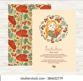 Unique decorative vector wedding cards template with floral pattern and girl with a cat. invitation or save the date, RSVP and thank you card for bridal design. Vector postcard with floral decoration.