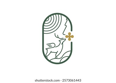 Unique Deer on Mountain Logo with Rising Sun and Gold Four-Leaf Clover, Oval Frame, Nature and Good Fortune Design