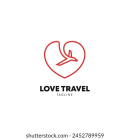 Unique design of an abstract heart shape with a plane, love travel Logo Symbol Design Template Flat Style Vector