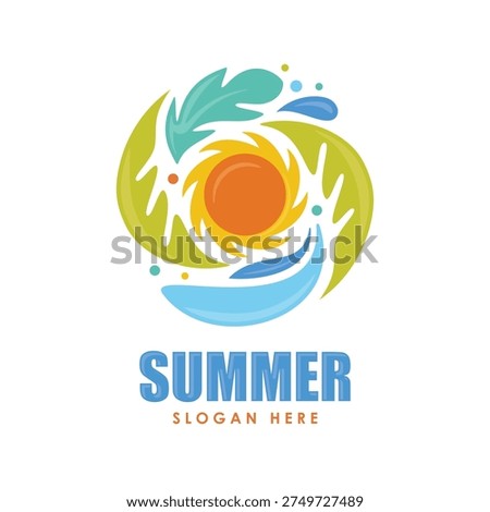 Unique design colorful abstract summer themed logo with bright sun at the center. Vector illustration