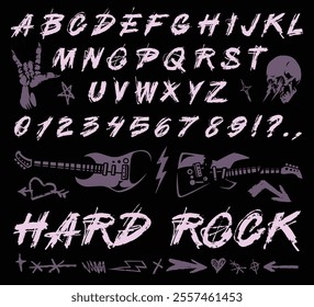 A unique design featuring the alphabet in bold letters. Several hard rock symbols like guitars lightning bolts and skulls complement the text capturing the essence of rock music culture.