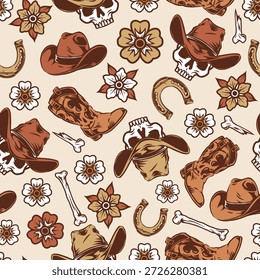 Unique design featuring western symbols such as cowboy hats skulls boots flowers and horseshoes. Perfect for anyone who loves western culture and aesthetic.
