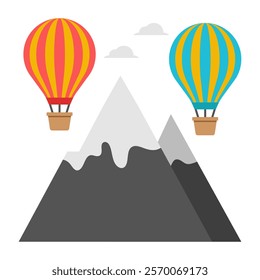 A unique design icon of mountains with hot air balloon showcasing hills station