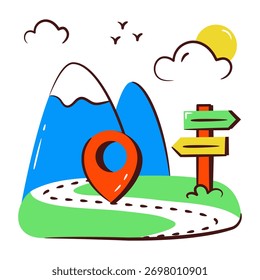 Un icono de diseño único de montañas con globo de aire caliente que muestra la estación de colinas