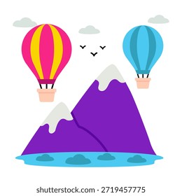 Un icono de diseño único de montañas con globos aerostáticos que muestran el área montañosa