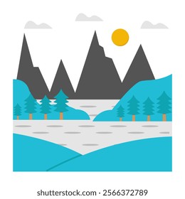 A unique design icon of mountains lake landscape