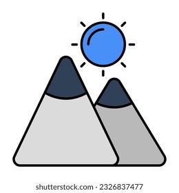 A unique design icon of mountains with sun showcasing hills weather 
