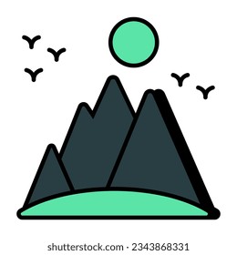 A unique design icon of mountains with sun showcasing hills weather 