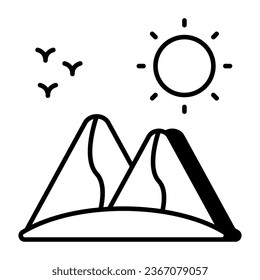 A unique design icon of mountains with sun showcasing hills weather 