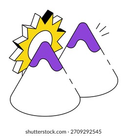 A unique design icon of mountains with sun showcasing hills weather
