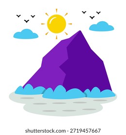 Un icono de diseño único de las montañas con la estación del sol que exhibe las colinas 