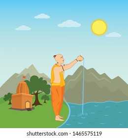 Unique design of a Indian priest offering water (jal) to the rising sun lord in the early hours of the morning. Simple, professional & colorful design with some mountains, trees and a temple.