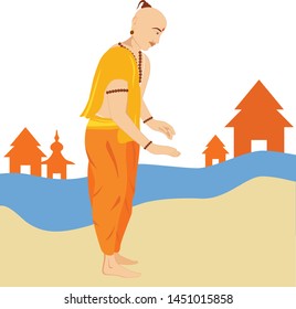 Unique design of panditji (Indian priest) giving blessings, and some pictures of the temples behind in a very creative style.