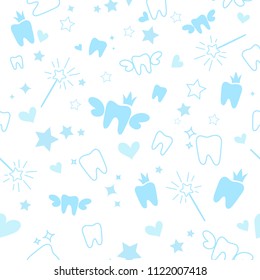 Unique design seamless pattern with tooth, stars, magic wand and tooth fairy simbols.