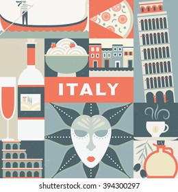 Unique design for travel to Italy poster. Modern flat vector concept with Italian symbols. Coliseum, masquerade masque, gondola and other Italy design elements. 