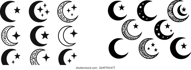 Unique designs feature various moon shapes and stars arranged in captivating patterns, perfect for artistic projects or decorative purposes.