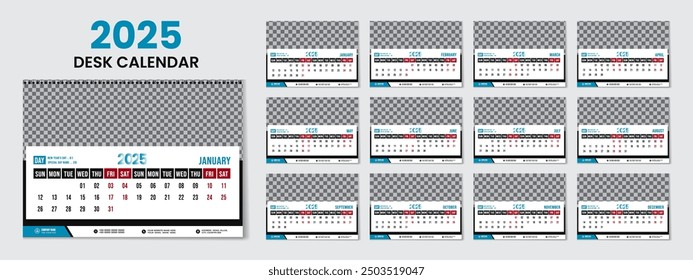 Unique desk calendar design template 2025 with 12 months included new year