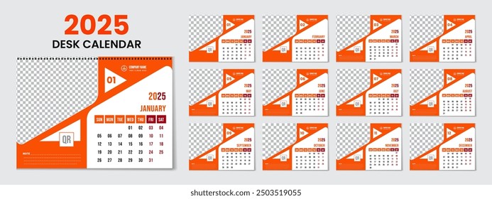 Unique desk calendar design template 2025 with 12 months included new year