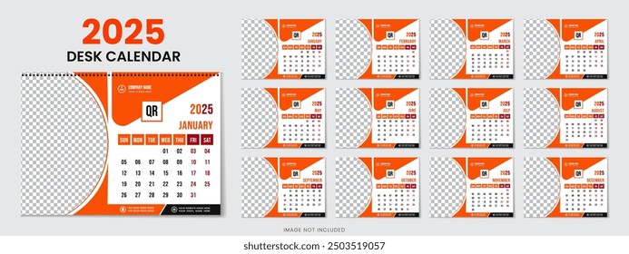 Unique desk calendar design template 2025 with 12 months included new year