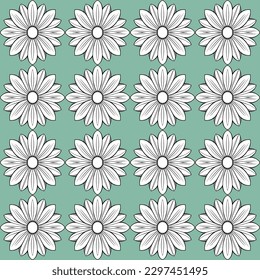 Unique and detailed pop art-inspired vector pattern with black and white flowers on green background, perfect for modern and luxurious curtains, stationery, or high-end wallpaper, and for adding.