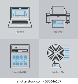 Unique detailed thin line icons for business. Office technics and electronic devices logo. Laptop, printer, calculator and table fan. Vector illustration element.