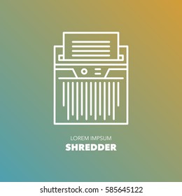 Unique Detailed Thin Line Logo For Your Event Or Business. Office Or Home Technic And Electronic Device Logo. Shredder For Destroying Documents And Paper. Vector Illustration Element.