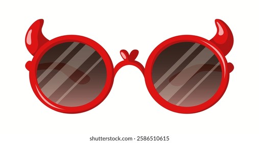 Unique devil-themed sunglasses with a bold red frame, round dark lenses, and playful horn details. A striking and mischievous fashion accessory.