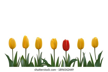 Unique different flower stands out, many yellow, one red. Vector realistic illustration. Special one another colour. Not like others. White background 