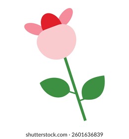 Unique Digital Flower Art Print. Pink Round Flower with Red Top and Green Stem Illustration