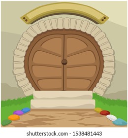 unique door and hobbit house for park decoration or illustration design element.