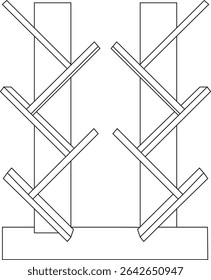  A unique double-sided modern wooden bookshelf with diagonal compartments. Ideal for home or office interiors, vector outline illustration for furniture design.