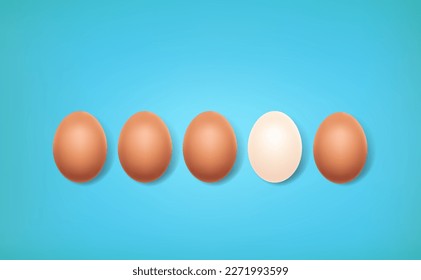 Einzigartige Farbe für Enteneier unter vielen Hühnereiern auf blauem Hintergrund. Führung, Geschäftserfolg, Einzigartigkeit, Herausforderung, Motivation, Individualität, Differenz und Herausragende aus dem Crowdkonzept.