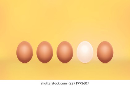 El único color blanco del huevo de pato entre los muchos huevos de gallina de fondo amarillo. Liderazgo, éxito empresarial, único, desafío, motivación, individualidad, diferencia y desprestigio por concepto de multitudes.