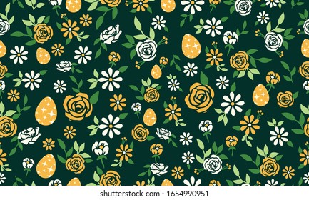Unique Easter egg pattern background, with leaf and flower simple drawing.