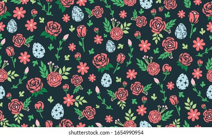 Unique Easter egg pattern background, with leaf and flower simple drawing.