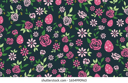 Unique Easter egg pattern background, with leaf and flower simple drawing.