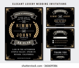 Unique Elegant Luxury Wedding Invitations Template Collection. Include RSVP card, Save the date card, thank you tags. Classic Premium Vintage Style Frame Vector illustration.