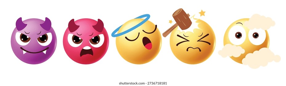 Unique Emoji Character Set: Devils, Angel, Hammer Pain, and Cloud Hidden Faces