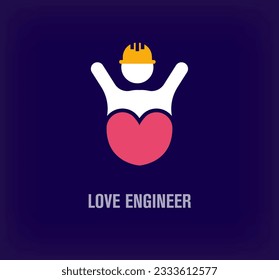 Logo único de la seña de amor del ingeniero. La compañía se centra en el corazón y la plantilla del logotipo de la gente. vector.